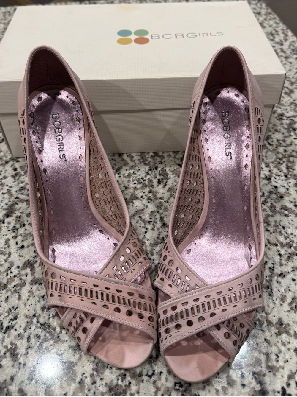 BCBGirls Blush Pink Laser-Cut Peep-Toe Heels